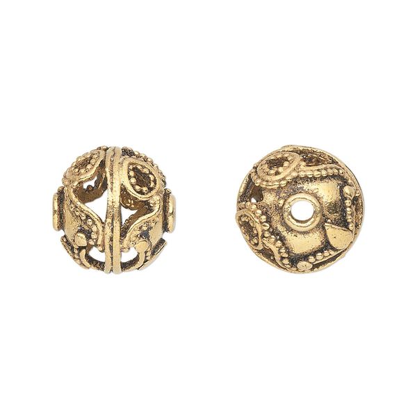 Bead, antique gold-finished brass, 14mm beaded filigree round. Sold individually. image number 0