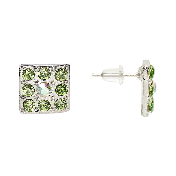 Earstud, Everyday Jewelry, antique silver-finished "pewter" (zinc-based alloy) and glass, green and clear AB, 12mm square. Sold per pair. image number 0