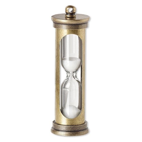 Focal, sand / glass / silicone / antiqued brass, white and clear, 47x14mm hourglass. Sold individually. image number 0