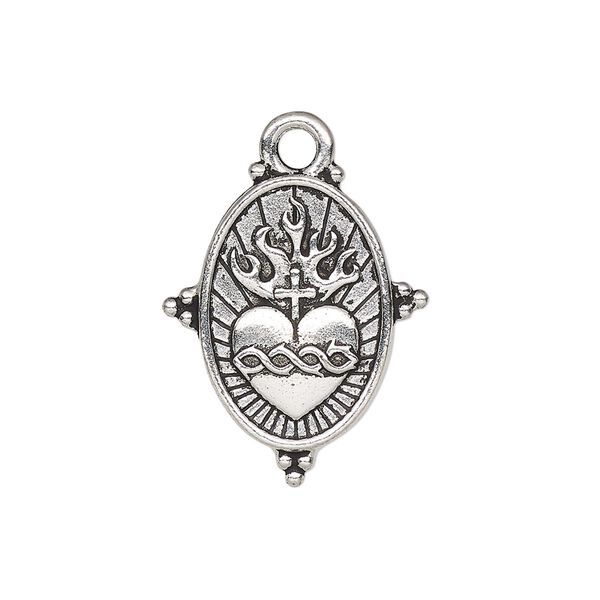 Drop, TierraCast®, antique silver-plated pewter, 25x21mm 2-sided beaded oval with sacred heart. Sold individually. image number 0