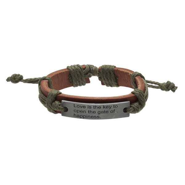 Bracelet, leather (dyed) / waxed cotton cord / antiqued "pewter" (zinc-based alloy), brown and green, 12mm wide with 41x10mm rectangle with "Love is the key to open the gate of happiness," adjustable from 5-1/2 to 8 inches with wrapped knot closure. Sold per pkg of 2. image number 0