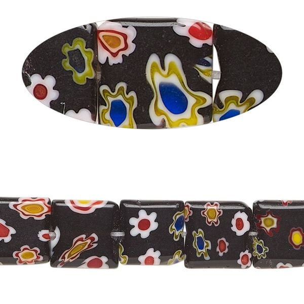 Bead, millefiori glass, black, 10mm puffed square. Sold per 15-inch strand. image number 0