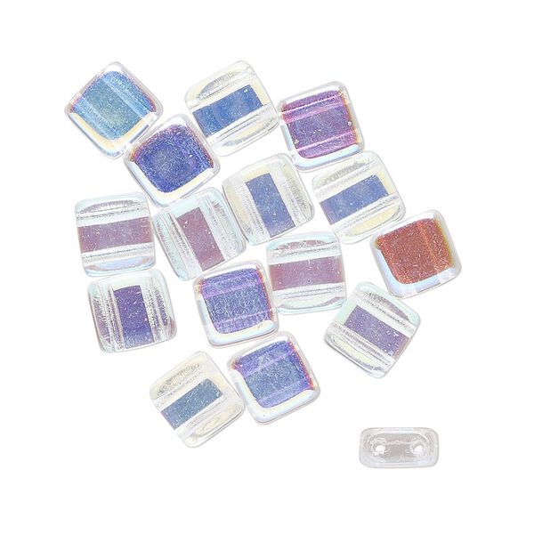 Bead mix, Czech glass, translucent rainbow clear, 7x7mm flat square with (2) 0.7mm holes, fits up to 3mm bead. Sold per pkg of 26. image number 0