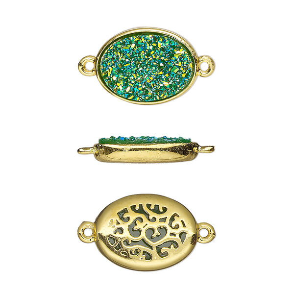 Link, Druzylite™, "druzy" (resin) and gold-finished brass, green, 15.5x11.5mm two-sided oval with open filigree back. Sold per pkg of 4. image number 0