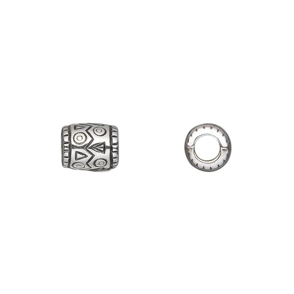 Bead, antiqued silver-finished copper-coated plastic, 9x7mm fancy drum. Sold per 50-gram pkg, approximately 200 beads. image number 0