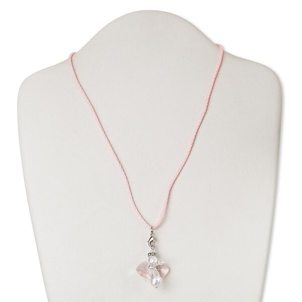 Necklace, nylon / glass / silver-plated steel / brass, pink and clear, angel, 18 inches with 2-inch extender chain and lobster claw clasp. Sold individually. image number 0