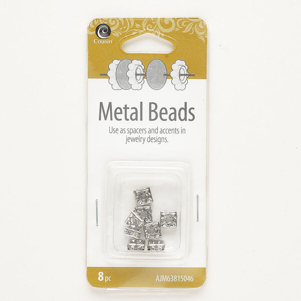 Bead, silver-finished brass and glass, clear, 6x3mm squaredelle. Sold per pkg of 8. image number 0