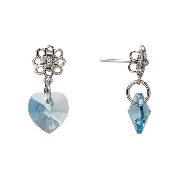 Earring, Everyday Jewelry™, Crystal Passions® and silver-plated "pewter", aquamarine, 21mm with flower and heart. Sold per pair. image number 0