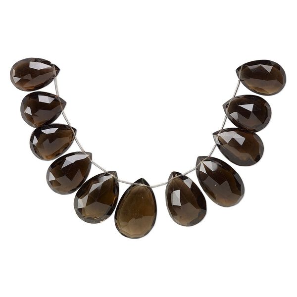 Smoky quartz 1pkg11, hand-cut top-drilled faceted puffed teardrop bead graduated 30x19mm-36x25mm image number 0