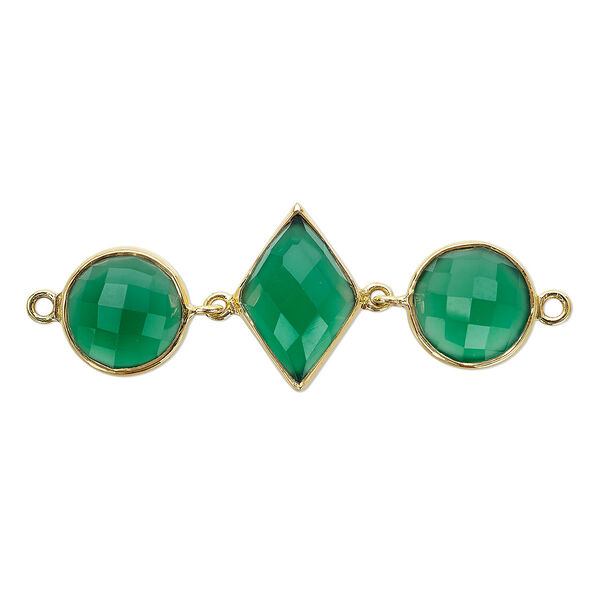 Link, green onyx (dyed) and gold-finished sterling silver, 40x16mm single-sided with 16x11mm faceted diamond and 11mm faceted round. Sold individually. image number 0