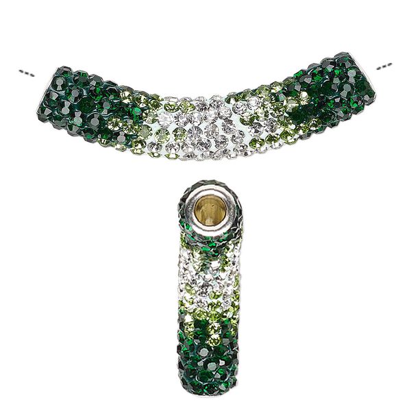Bead, Dione®, resin / glass rhinestone / silver-plated brass, greens / white / clear, 47x9mm curved tube, 4mm hole. Sold individually. image number 0