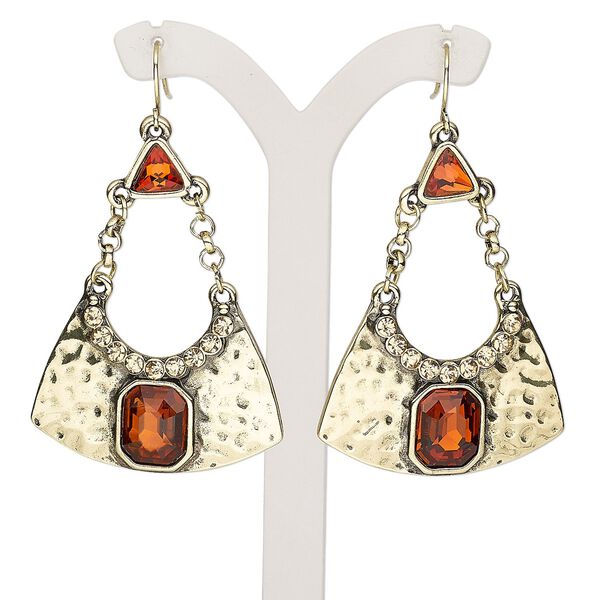 Earring, glass rhinestone / resin / gold-finished brass / steel / "pewter" (zinc-based alloy), brown and light topaz brown, 2-1/4 inches with triangle and fishhook ear wire. Sold per pair. image number 0