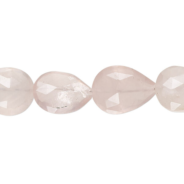 Bead, rose quartz (natural), light to medium, 13x11mm-16x12mm hand-cut faceted puffed teardrop, B- grade, Mohs hardness 7. Sold per 8-inch strand, approximately 15 beads. image number 0