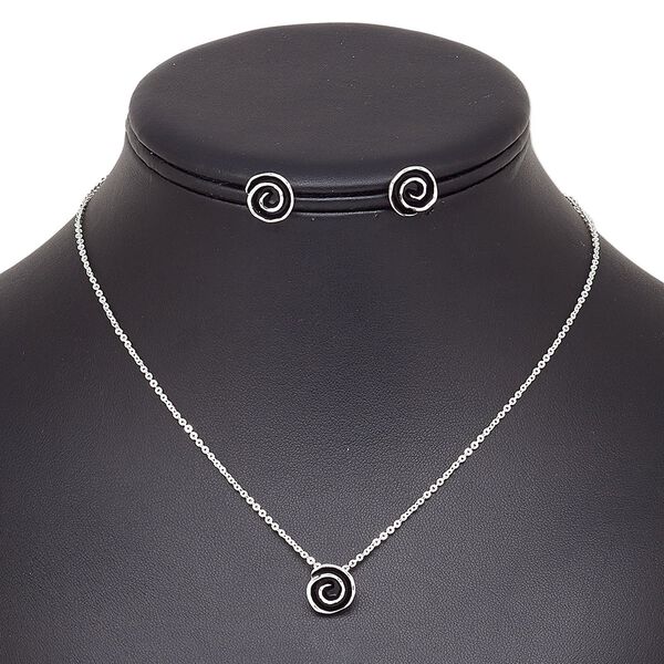 Necklace and earring set, enamel / stainless steel / silver-finished brass / steel / "pewter" (zinc-based alloy), black, 6x6mm swirl, 15" to 16" necklace with 2-inch extender chain and lobster claw clasp, 6x6mm swirl with post. Sold per set. image number 0
