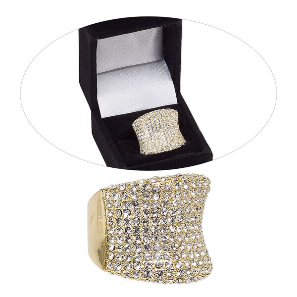 Ring, Czech glass rhinestone and gold-finished brass, clear, 21mm wide curved band, size 8. Sold individually. image number 0