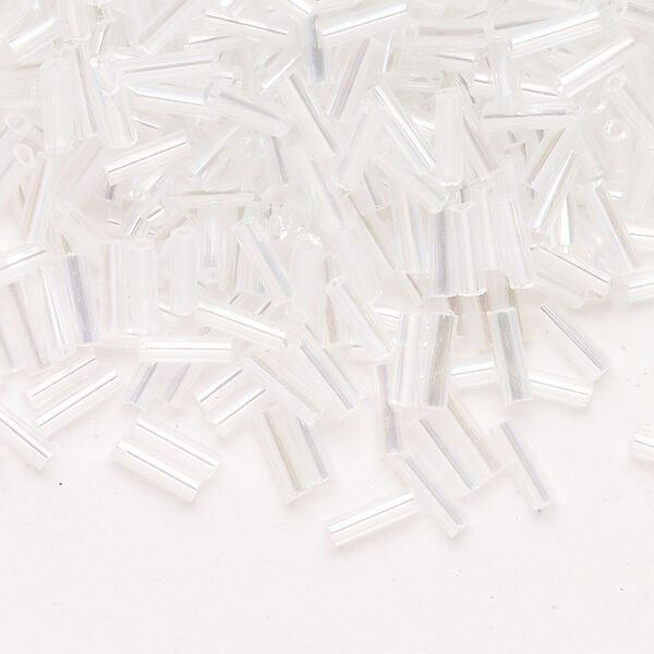 Bead, Ming Tree™, bugle bead, glass, pkg/1/4 pound, 1/4 inch, rainbow transparent clear. image number 0