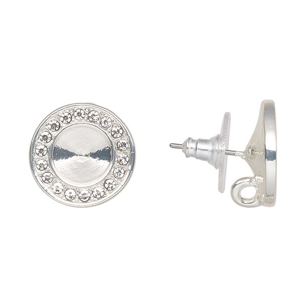 Earstud 1pkg2 Almost Instant Jewelry® "pewter" (zinc-based alloy) / cubic zirconia, 15mm round / SS39 rivoli glue-in setting / closed hidden loop / comfort clutch, silver-finished / clear 1 pair image number 0