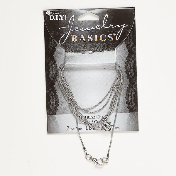 Chain, silver-finished brrass, 1mm snake, 18 inches with lobster claw clasp. Sold per pkg of 2. image number 0