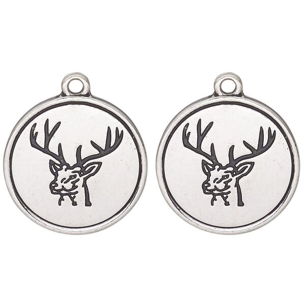 Drop, antique silver-finished "pewter" (zinc alloy) and enamel, black, 21mm single-sided round with elk head design. Sold per pkg of 2. image number 0