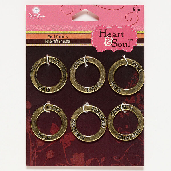 Charm, antique gold-finished "pewter" (zinc-based alloy), 22mm double-sided affirmation open round with "MOM" / "SISTER" / "WIFE" / "DAD" / "BROTHER" / "HUSBAND." Sold per pkg of 6. image number 0