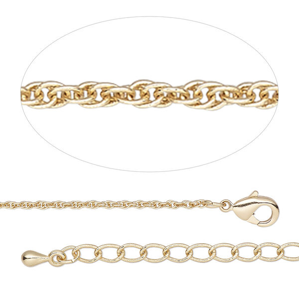 Chain, gold-finished brass, 1.2mm triple rope, 18 inches with 2-inch extender chain and lobster claw clasp. Sold individually. image number 0