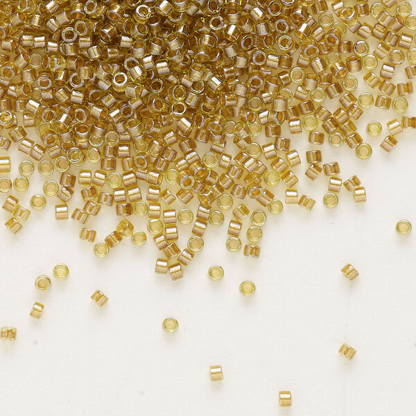 Seed bead, Delica®, glass, pkg/7.5g, #11 round, translucent honey beige-lined luster chartreuse (DB-0909). image number 0