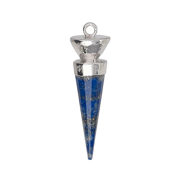 Focal, lapis lazuli (natural) / electroplated silver / silver-plated sterling silver, 30x9.5mm-31x10mm hand-cut faceted point. Sold individually. image number 0