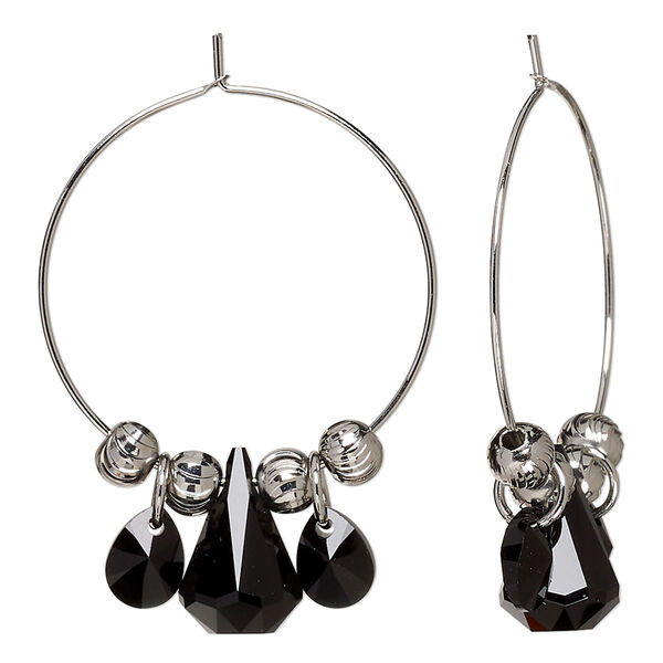 Earring, Everyday Jewelry™, Crystal Passions® and silver-plated "pewter", jet, 42mm hoop with teardrops and rounds. Sold per pair. image number 0