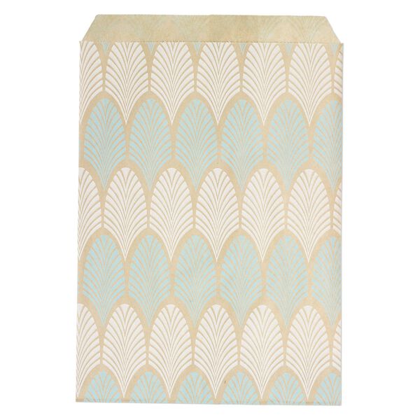Bag, paper, brown, white and blue, 7x5 inch rectangle with leaf-print and scalloped top edge. Sold per pkg of 100. image number 0