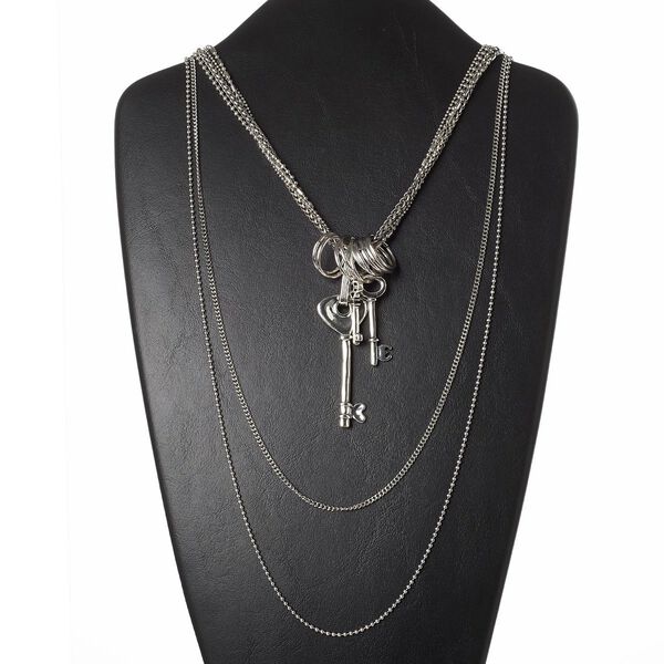 Necklace, 6-strand, antiqued silver-finished brass / "pewter" (zinc-based alloy) / steel, 33x13mm / 42x14mm / 68x25mm key, 24 inches with lobster claw clasp. Sold individually. image number 0