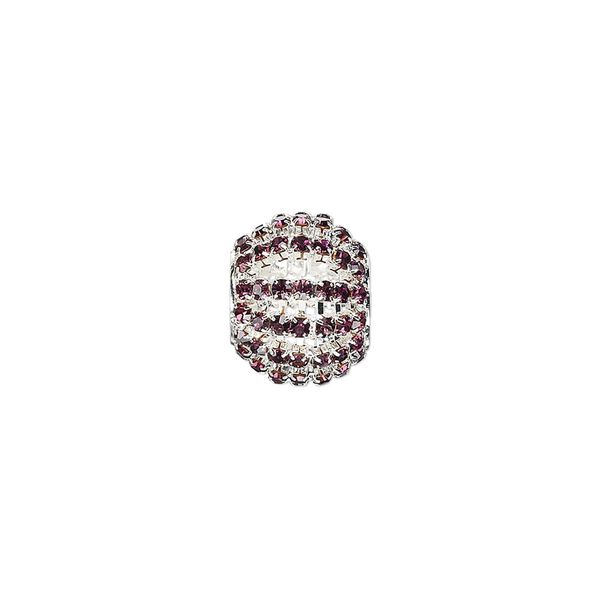 Bead, glass rhinestone and silver-finished brass, purple, 25x20mm barrel with 3mm chatons, 11.5mm hole. Sold individually. image number 0