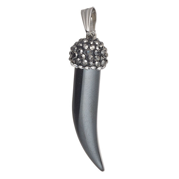 Hemalyke™ / brass / glass rhinestone 1pkg1, silver-finished 3D talon pendant 37x11mm image number 0