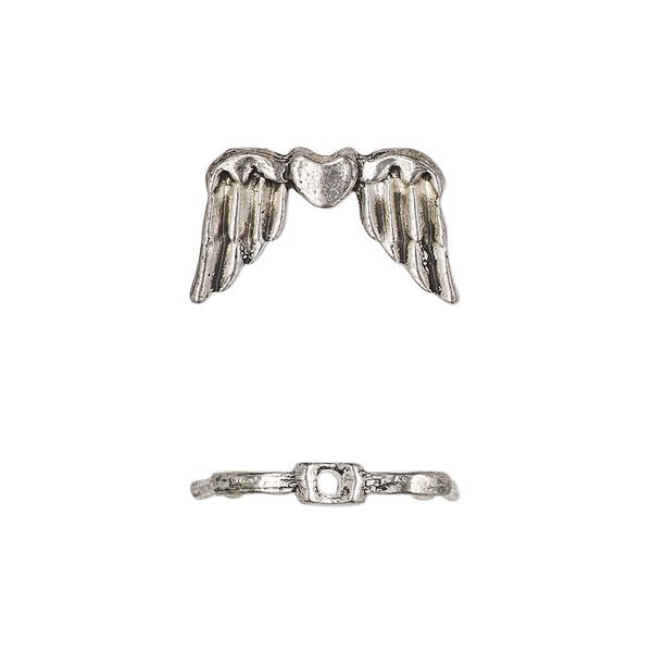 Bead, antique silver-finished "pewter" (zinc-based alloy), 18x11mm wing with heart. Sold per pkg of 10. image number 0