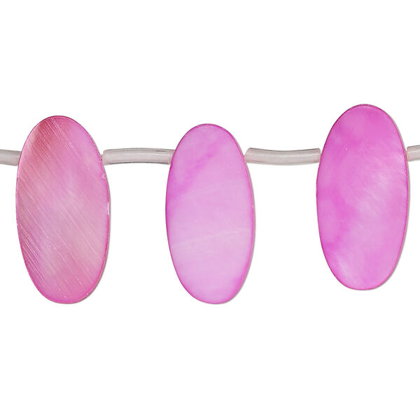 Bead, mother-of-pearl shell (dyed), pink, 19x7mm-20x9mm top-drilled flat oval, Mohs hardness 3-1/2. Sold per 13-inch strand, approximately 20 beads. image number 0