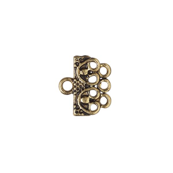 End bar, antique gold-finished "pewter" (zinc-based alloy), 16x7mm single-sided rectangle with beaded design and 3 loops. Sold per pkg of 12. image number 0