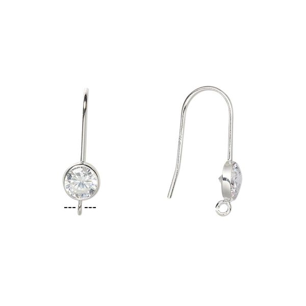Ear wire fishhook 1pkg2 sterling silver / cubic zirconia, 17mm / 5mm faceted round / bottom open loop, 21 gauge clear 1 pair image number 0