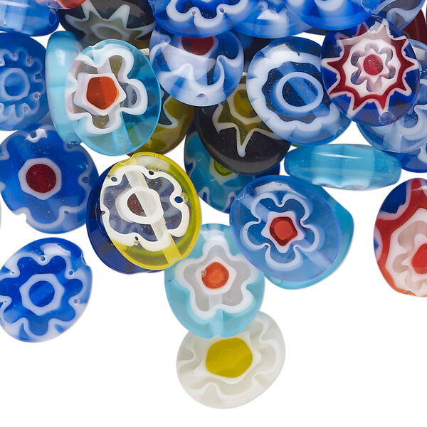 Bead mix, millefiori glass, opaque to transparent multicolored, 11x9mm-12x10mm puffed oval. Sold per 2-ounce pkg, approximately 80 beads. image number 0