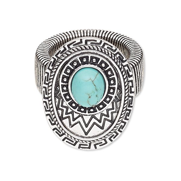Ring, stretch, magnesite (dyed / stabilized) with antique silver-plated steel and "pewter" (zinc-based alloy), turquoise blue, 32x22mm oval, size 7-10. Sold individually. image number 0