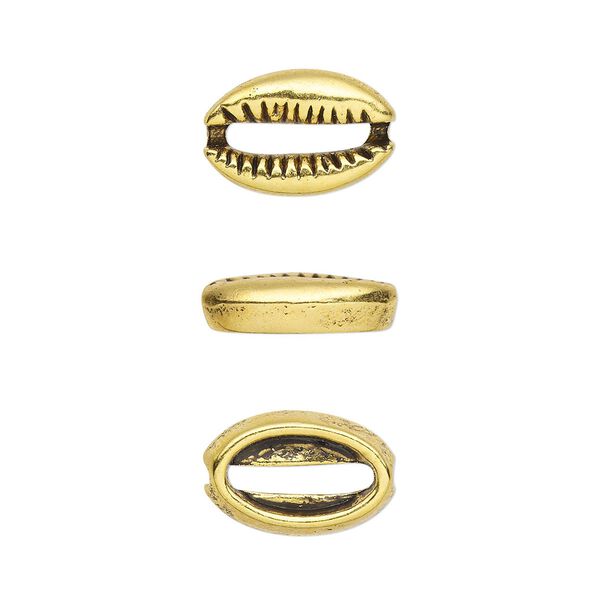 Component, antique gold-finished pewter (tin-based alloy), 12x8mm two-sided cowrie. Sold per pkg of 20. image number 0