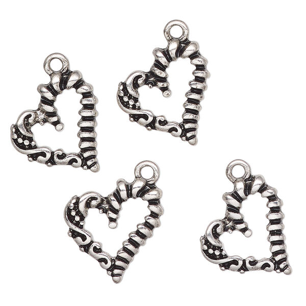 Charm, antique silver-finished "pewter" (zinc-based alloy), 17x14mm open Chantilly heart. Sold per pkg of 4. image number 0