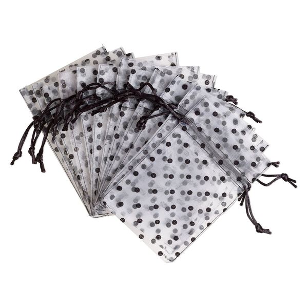 Pouch, flocked organza, white and black, 6x4 inches with dots pattern and drawstring closure. Sold per pkg of 12. image number 0