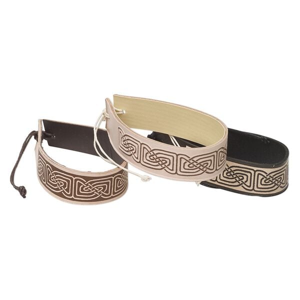 Bracelet, leather, brown / tan / black, 19.5mm wide with Celtic design, adjustable from 7-9 inches with macramé knot closure. Sold per pkg of 3. image number 0