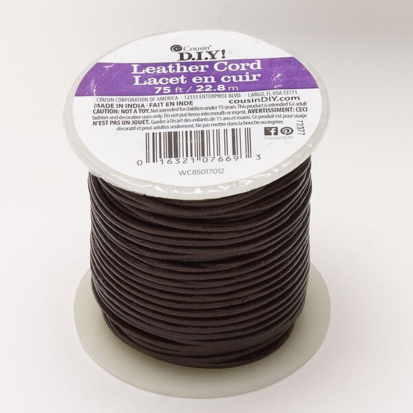 Cord, leather (dyed), pkg/75 feet, dark brown, 2mm round. image number 0