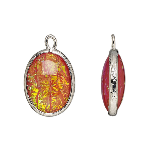 Drop, Opalized Ice™, "opal" (resin) and imitation rhodium-finished brass, opaque orange, 20x15mm double-sided oval. Sold per pkg of 4. image number 0