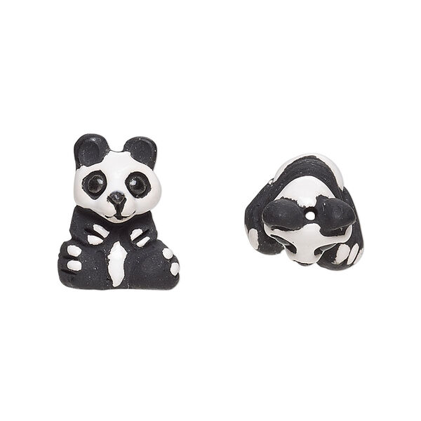 Bead, glazed ceramic, black and white, 16x13mm hand-painted panda bear. Sold per pkg of 2. image number 0