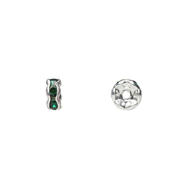 Bead, glass rhinestone and silver-plated brass, emerald green, 6x3mm rondelle. Sold per pkg of 10. image number 0