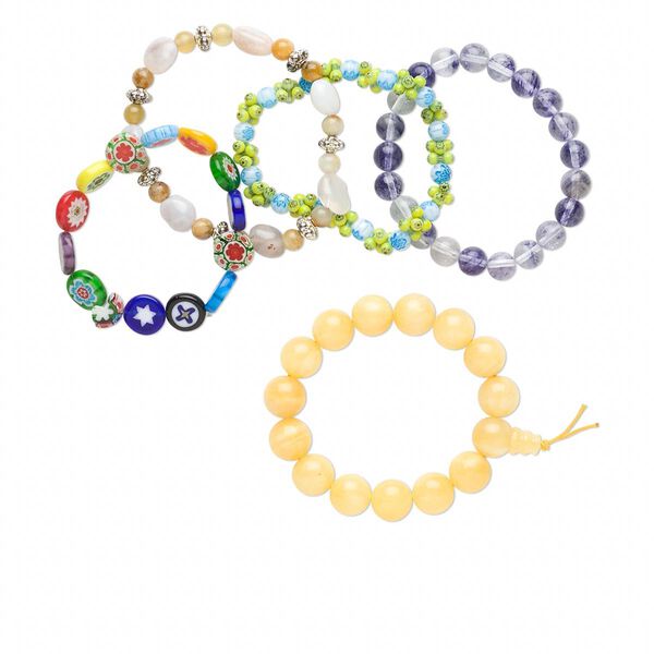 Bracelet mix, stretch, multi-gemstone (natural / dyed) and glass, multicolored, 3-12mm mixed shape, 6 to 8-1/2 inches. Sold per pkg of 5. image number 0
