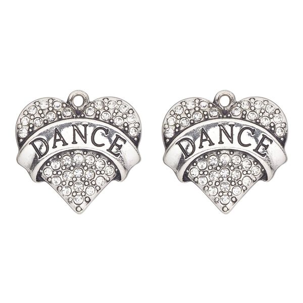Charm, antique silver-finished "pewter" (zinc-based alloy) and glass, clear, 24x22mm single-sided heart with "dance". Sold per pkg of 2. image number 0