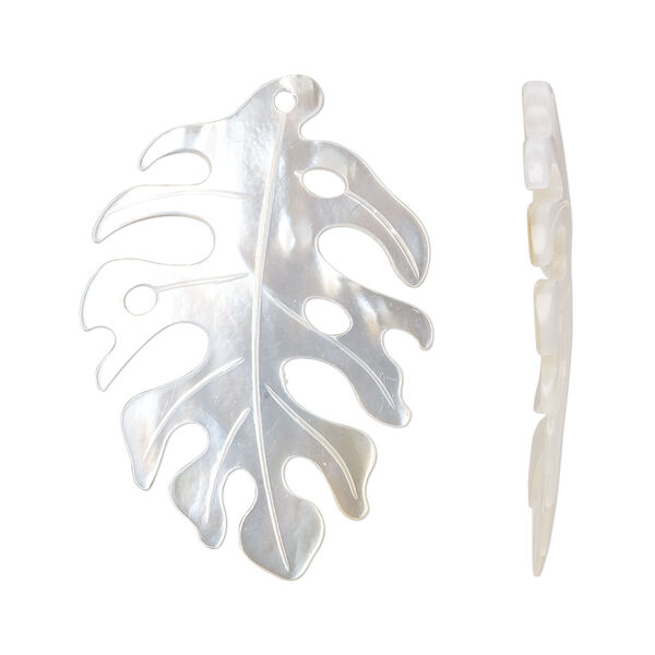 Focal, mother-of-pearl shell (bleached), 34x24mm carved leaf with cutout design, Mohs hardness 3-1/2. Sold individually. image number 0