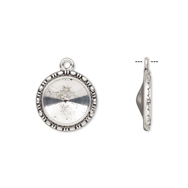 Drop, Almost Instant Jewelry®, antique silver-finished "pewter" (zinc-based alloy), 19mm round with beaded design and 14mm rivoli setting. Sold per pkg of 6. image number 0